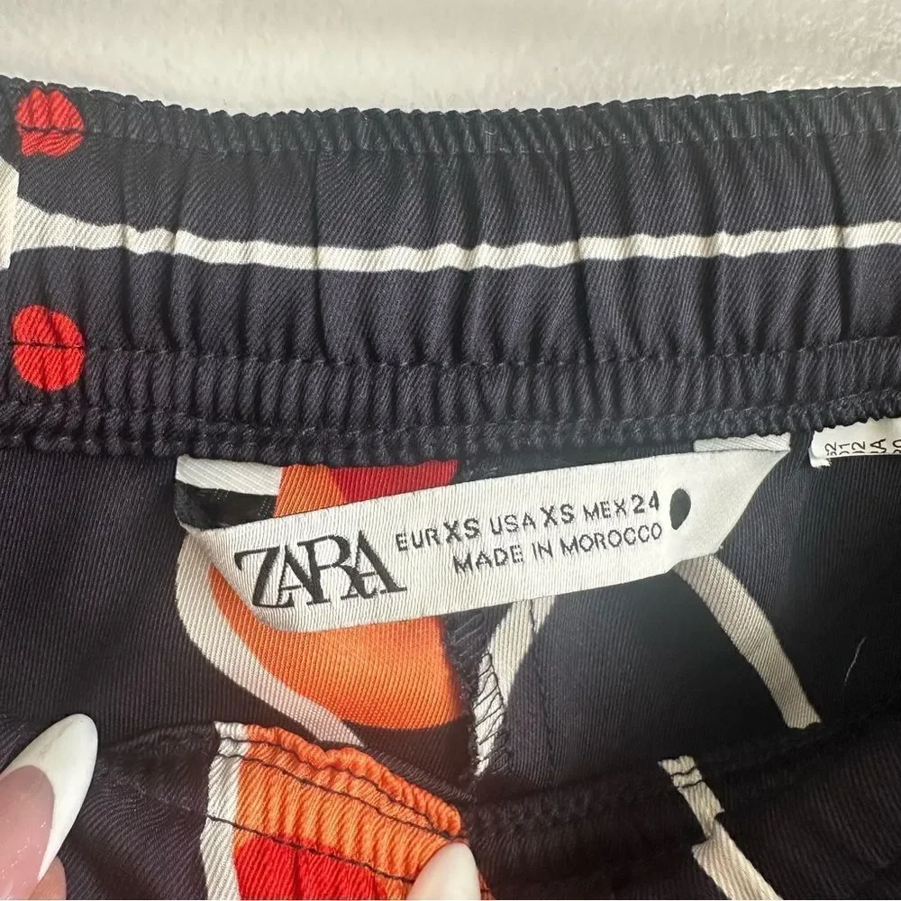 Zara Geometric Printed Pants Women's XS‎ Blue Orange Elastic Waistband
